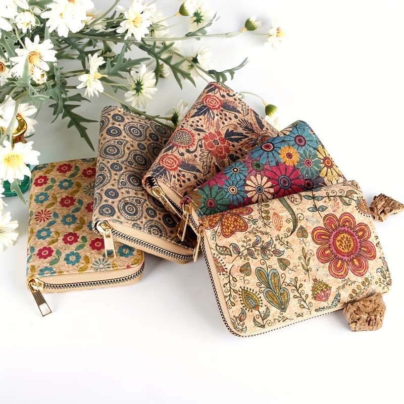 1pc Vintage Mandala Womens WalletHigh-Quality Cork Material Floral Print Design with Multiple