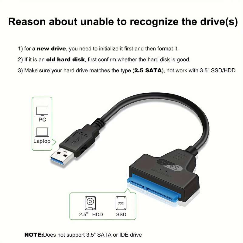 1pc UASP Compatible High-Speed USB 3.0 to SATA III Adapter Cable for 2.5-Inch HDD SSD Black