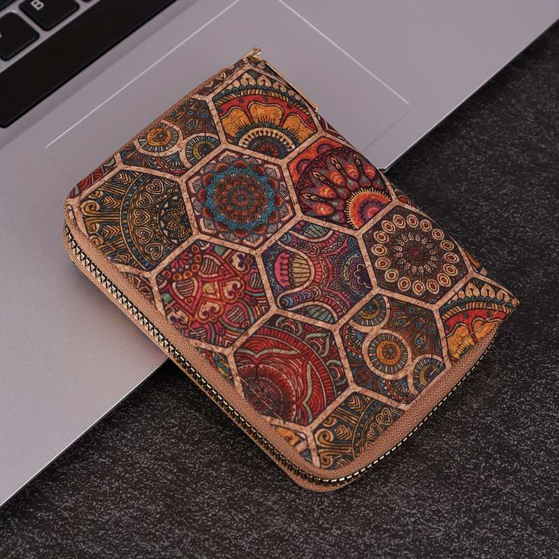 1pc Bohemian Vintage Mini Wallet Floral Pattern Short Cork Coin Purse Ethnic Style Credit Card Ho