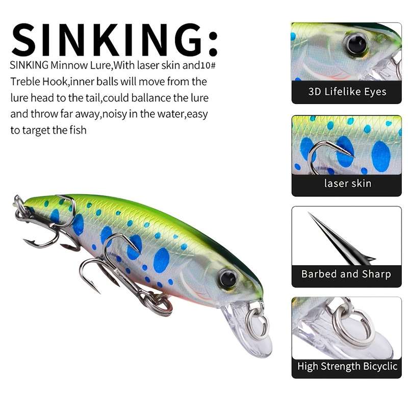 1pc Proberos Premium Sinking Minnow Lure 5.69cm Hard Bait with 3D Eyes Dual Treble Hooks Li