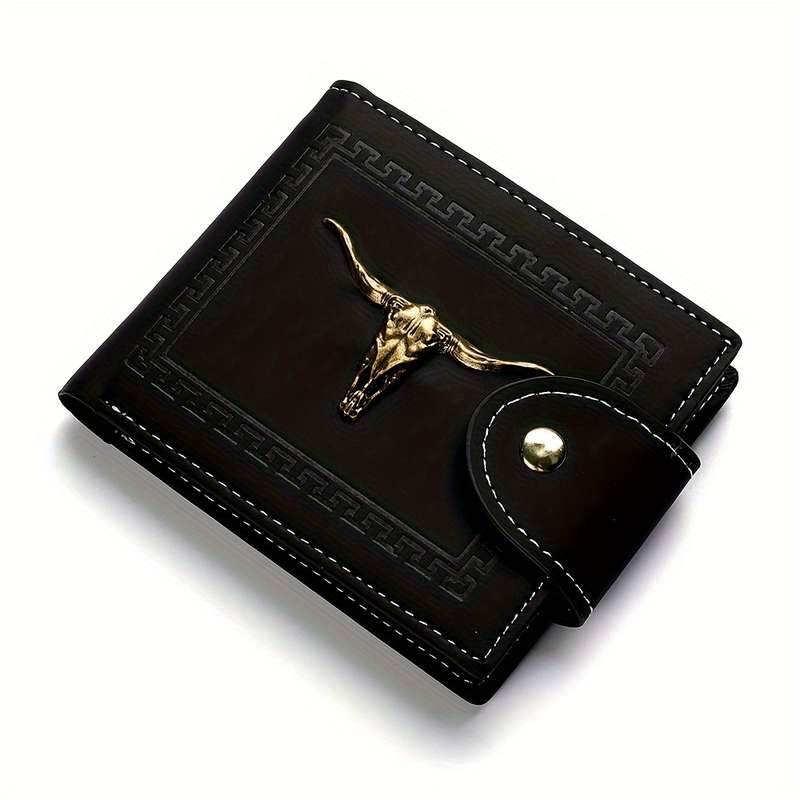 1pc Men's Premium Black Wallet with Golden Geometric Skull Design Embossed Court Style Multiple