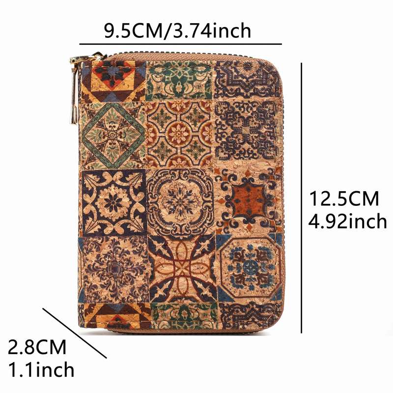 1pc Bohemian Vintage Mini Wallet Floral Pattern Short Cork Coin Purse Ethnic Style Credit Card Ho