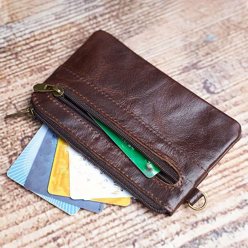 1pc Men's Top Layer Cowhide Coin Purse Simple Ultra-thin Card Holder Document Bag Retro Zippe