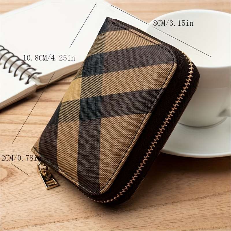 1pc Vintage Plaid Zipper Coin Purse Credit Card Holder for Women Compact Synthetic Leather Walle