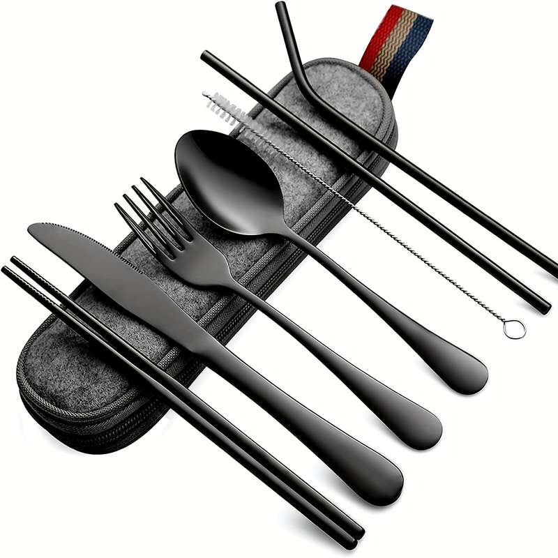 8pcs including Knife Fork Spoon Chopsticks Cleaning Brush Straws Portable Case Stainless Steel