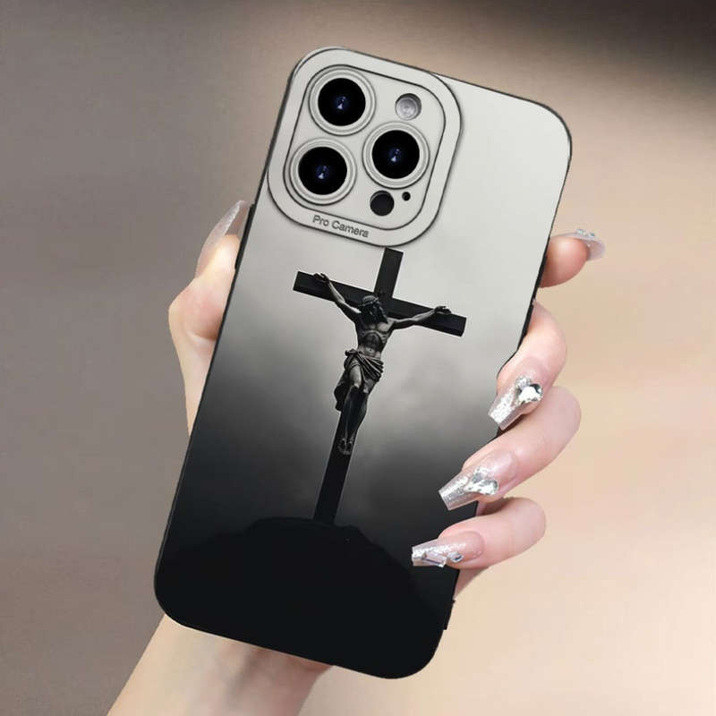1Pc Black For iPhone 13 Pro Max Cross Jesus Print Phone Case