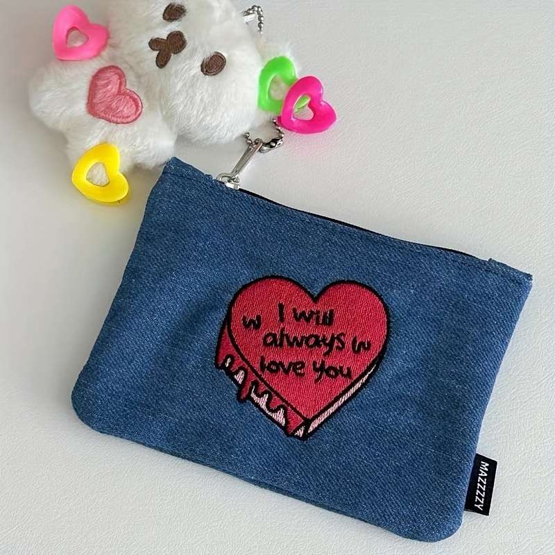 1pc Denim Coin Purse with Heart Design "I Will Always Love You" Embroidery Zippered Denim Wallet