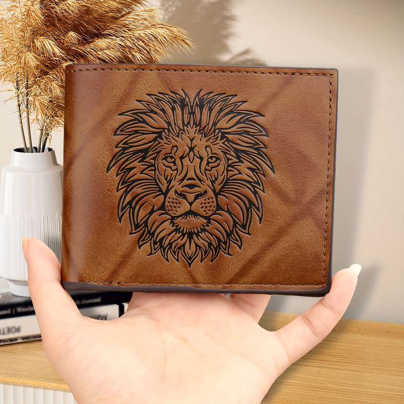1pc Men's Vintage Lion Embossed WalletSoft Faux Leather Deep Brown with ID Window Ideal Gift f