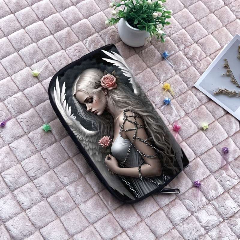 1pc Gothic Angel with Rose Print Women's Wallet Casual Polyester Ladies Clutch with Zipper Clo