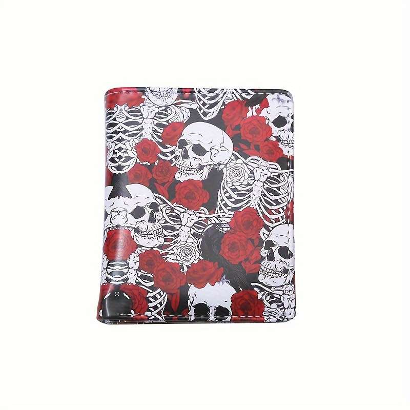 1pc Stylish Retro Skull Rose Compact Wallet for WomenVibrant Pink White Red Durable PU with P