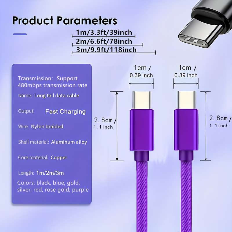 1pc 60W Fast Charging Type-C to Type-C Cable 100cm Compatible with MacBook iPad Xiaomi De