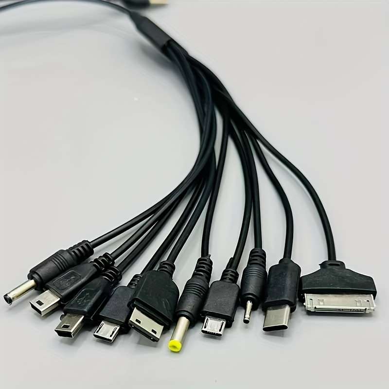 1pc 10in1 Multi-Device USB Charging Cable Hub Black PVC Flat Design with 10 Connectors for Si