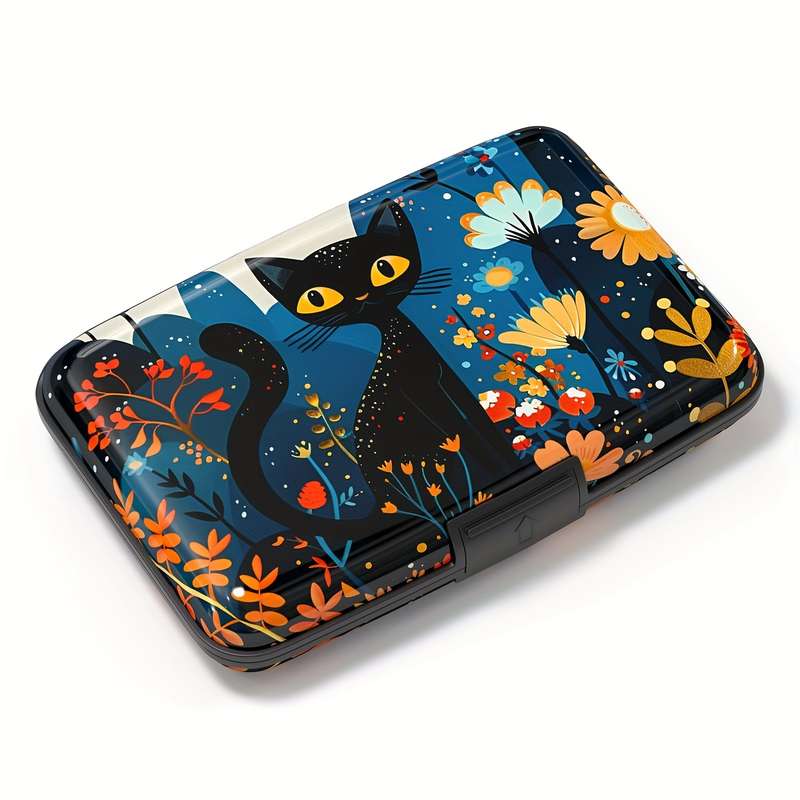 1pc Compact RFID-Blocking Cat Pattern Aluminum WalletColorful Floral and Starry Night Design Me