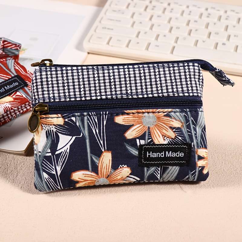 1pc Vintage Style Canvas Coin Purse for Women Handmade Multi-Layer Small Wallet Fashionable F