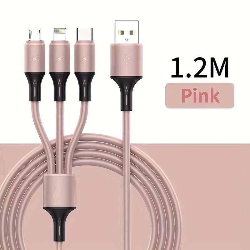 1pc 3-in-1 Macaron Charging Cable with Type-C Micro USB-C Silicone Matte Round Cable Male to