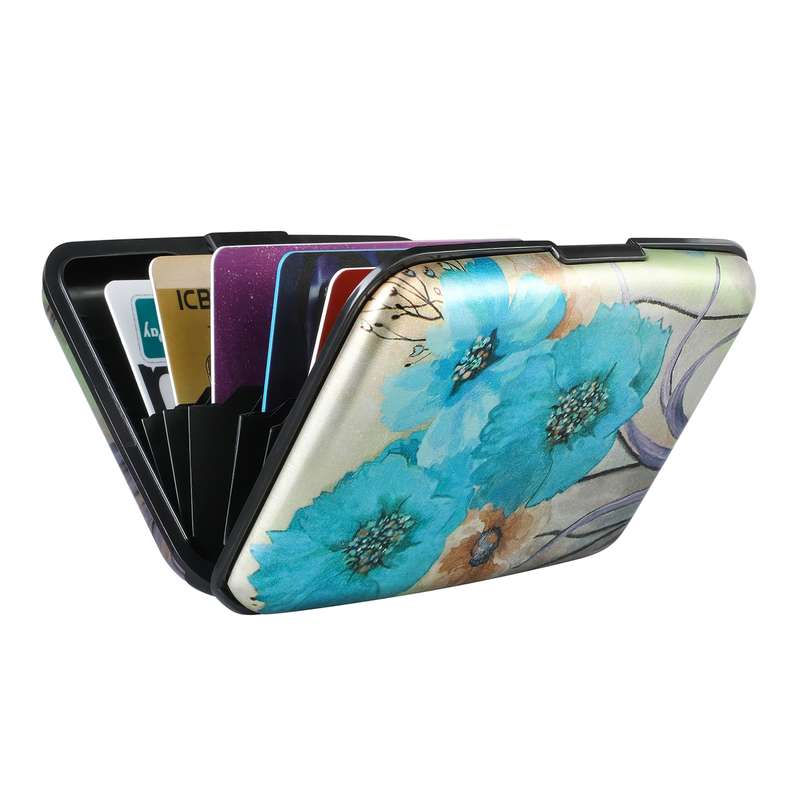 1pc Vintage Blue Flower Mini RFID Metal Wallet with Buckle ClosureBi-Fold Design Polyurethane L