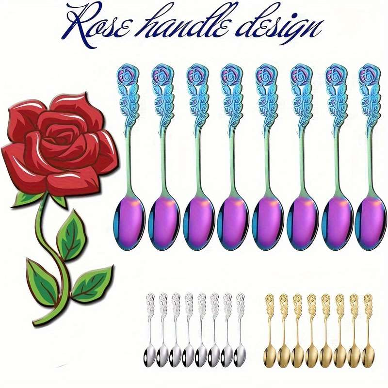 8pcs Set Rose Handle Design Stainless Steel Coffee Spoons 12.7 cm Perfect for Cappuccino Ch