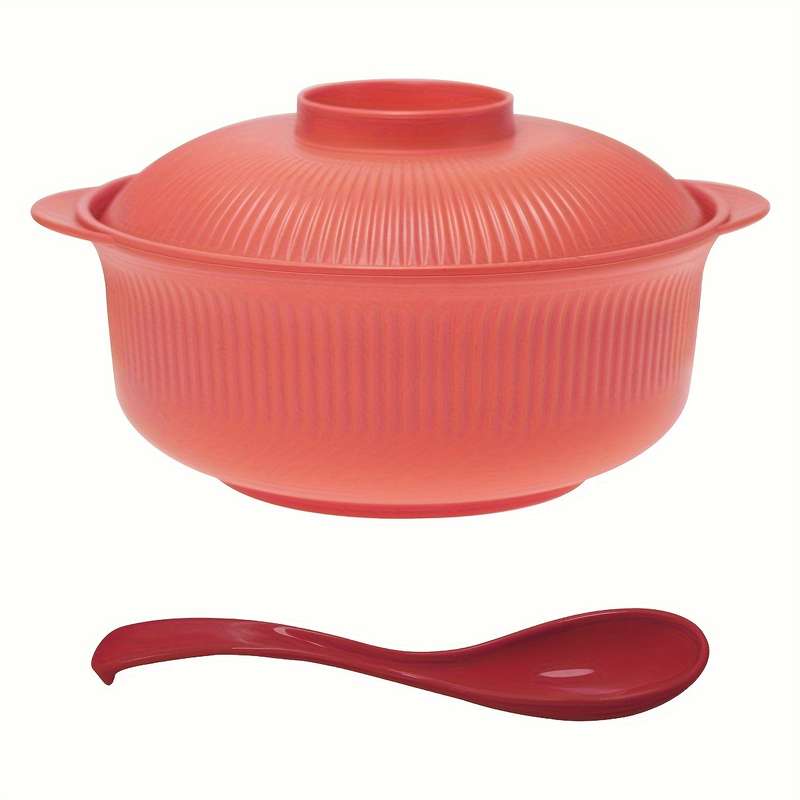 2pcs Set Large Capacity Casserole Style Bowl with Lid and Long Soup Spoon 1100ml 38oz Portable