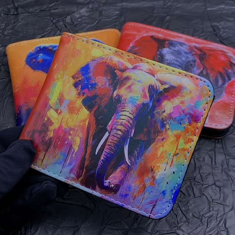 1pc Elephant Print Bifold Wallet for MenFaux Leather Card Coin Holder Machine WashablePer