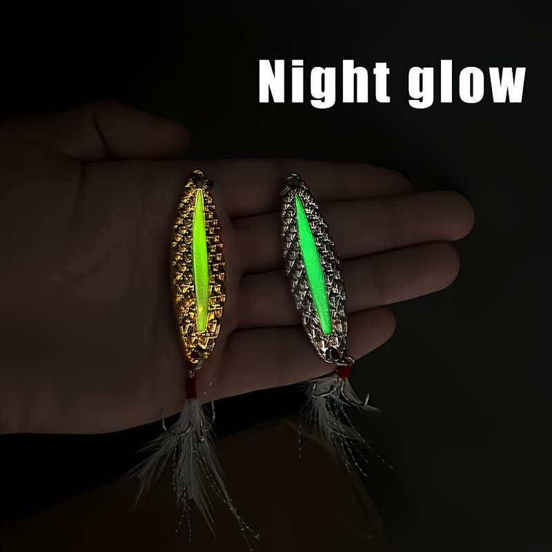 2pcs 10g Fishing Lures With Luminous Night Light Rotating Spoons And Feathered Treble Hooks
