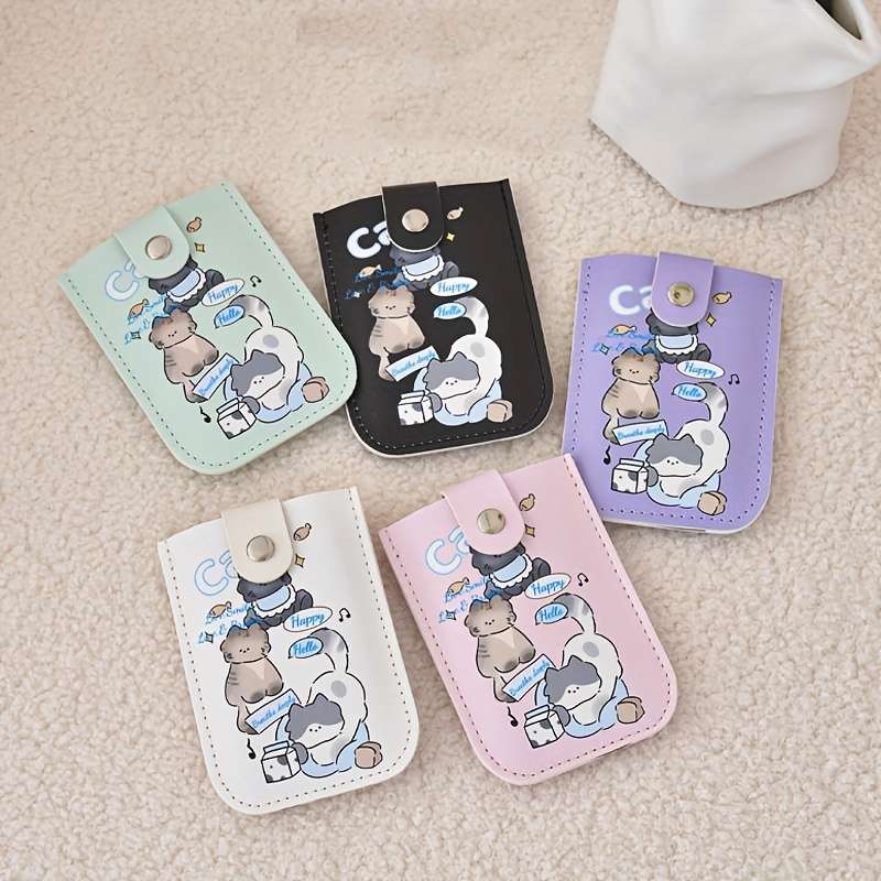 1pc Cute Cartoon Kitten Card Holder for Women Synthetic Leather Envelope Style Wallet with Snap Cl