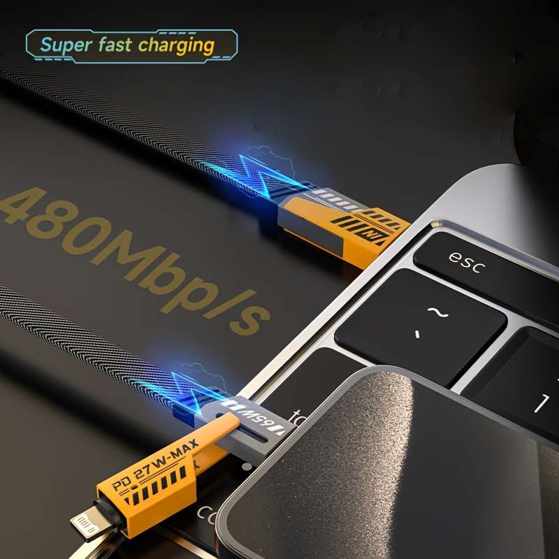 1pc Fast Charging 4-in-1 Cable Dual Type-C USB Lighting Connectors 47.24in 120cm Fabric F
