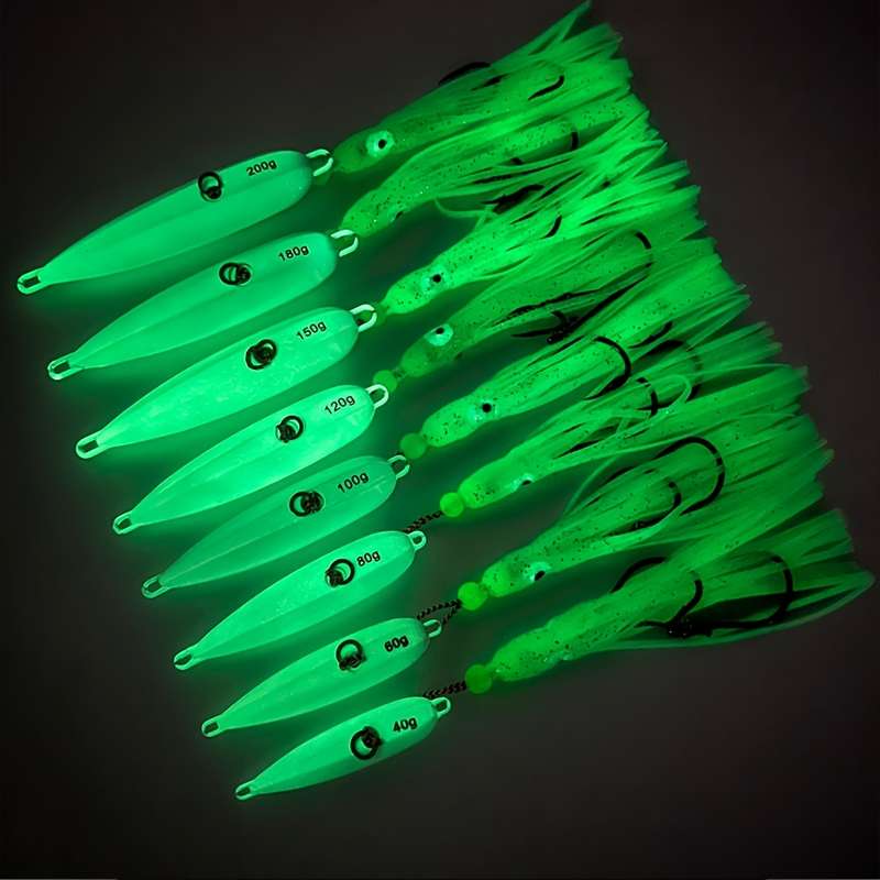 1pc 100g Glow-in-the-Dark Slow Pitch Jigging Lure with Silicone Skirt Dual Hooks