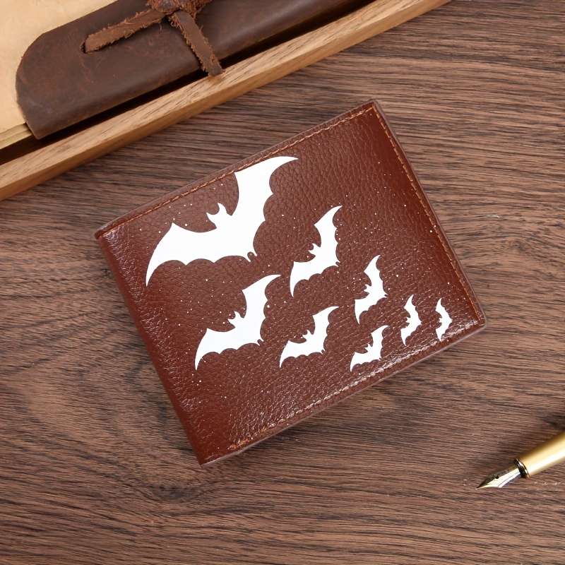 1pc Festive Black Leather Bifold Wallet with White Bat PrintPU Leather Casual Style Animal Pat