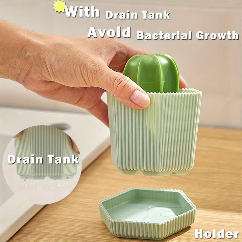 2pcs set Cactus Dish Brushes with Drain Tray Soft Bristle Non-Electric Kitchen Scrubbers for