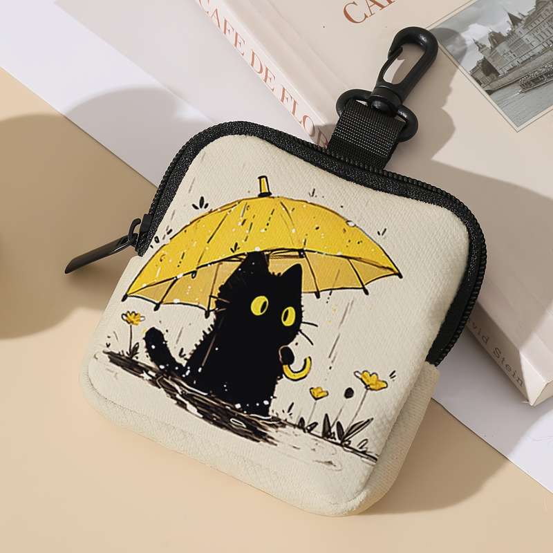 1pc Contemporary Black Cat with Umbrella Polyester Coin Purse Large Capacity Zippered Multi-Functi