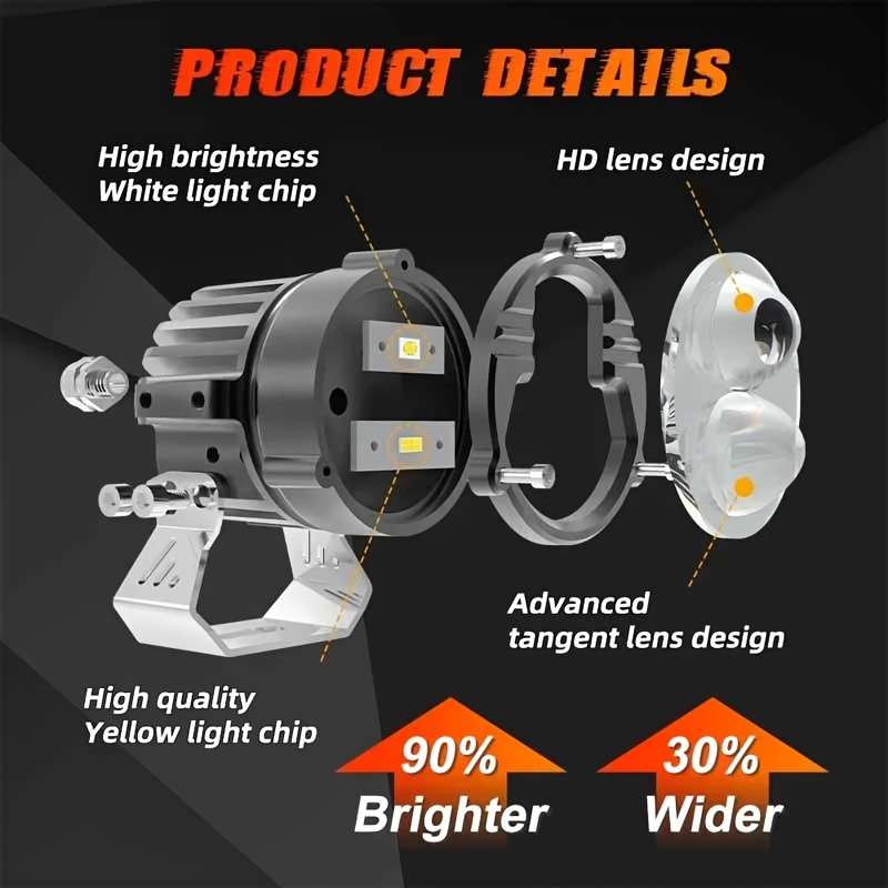 1pc Car Truck High Low Light LED Fog Light Driving Amber White Light Bicolor Motocros