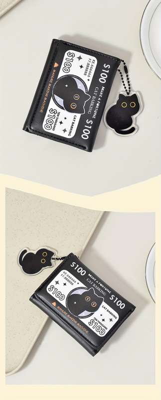 1pc Festive Fortune Folding Wallet with Cat Baking DesignBlack 10.5cm x 4.13cm 8cm x 3.15cm 1