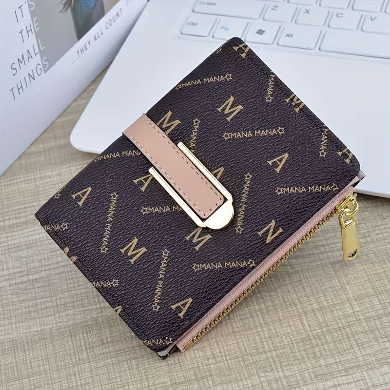 1pc Vintage Style Mini Zip Wallet for Men WomenBlack with "MANA" Print Magnetic Closure ID C