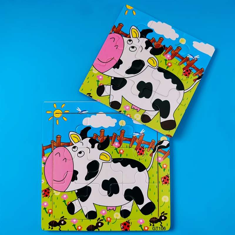 1pc 2D Wooden Puzzle Toy Happy Cow in Green Meadow Design Vibrant Animal Puzzle wi