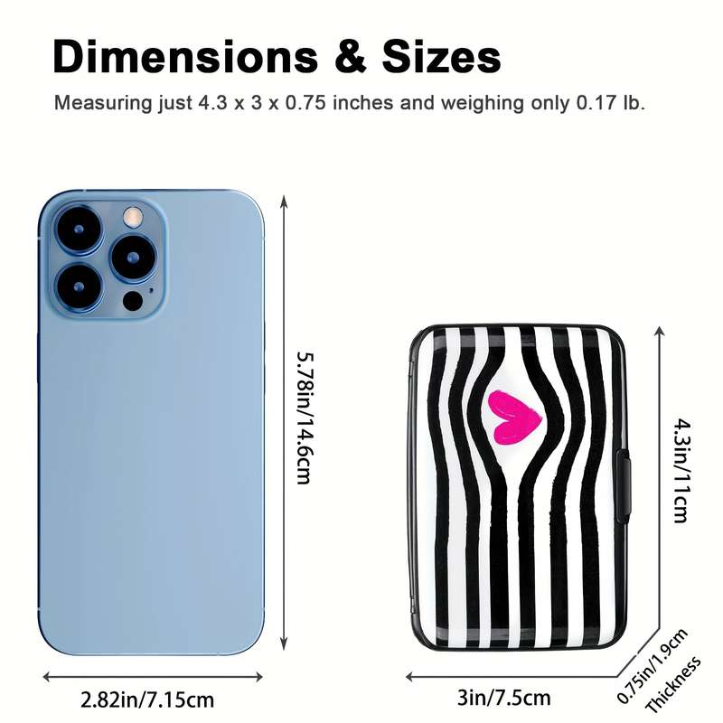 1pc RONG REN HUI Mini RFID Blocking Wallet Black and White Striped Heart Design Compact Metal Ca
