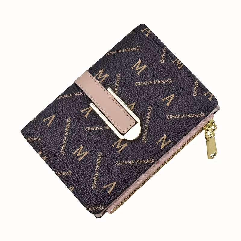 1pc Vintage Style Mini Zip Wallet for Men WomenBlack with "MANA" Print Magnetic Closure ID C