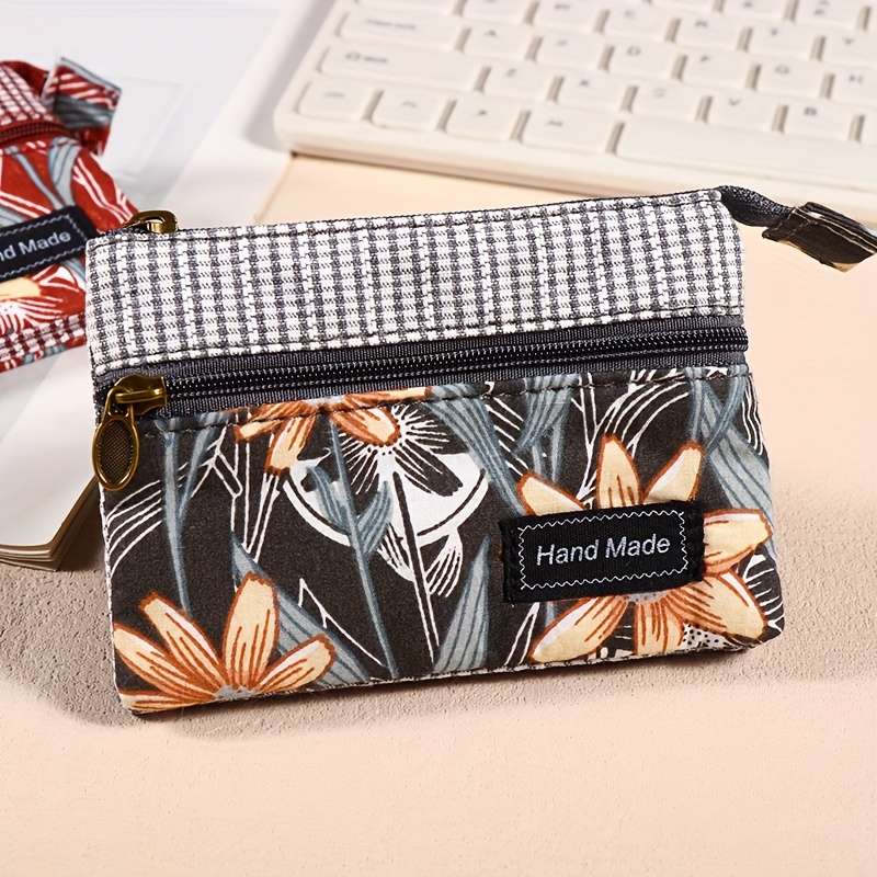 1pc Vintage Style Canvas Coin Purse for Women Handmade Multi-Layer Small Wallet Fashionable F