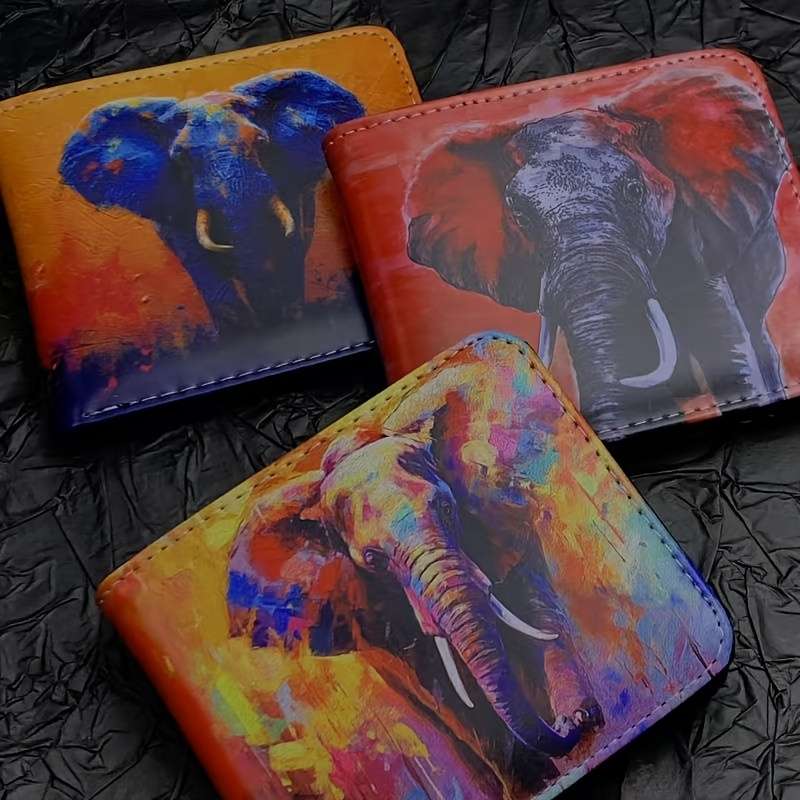 1pc Elephant Print Bifold Wallet for MenFaux Leather Card Coin Holder Machine WashablePer