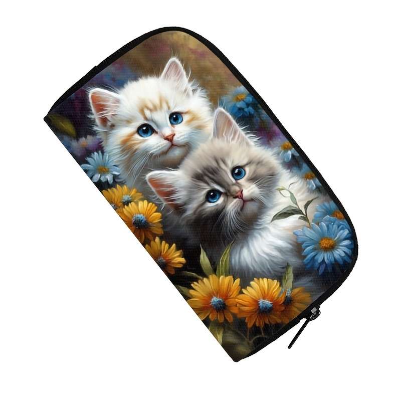 1pc Kawaii Kitten Print Polyester Wallet for Women Casual Style Zippered Clutch