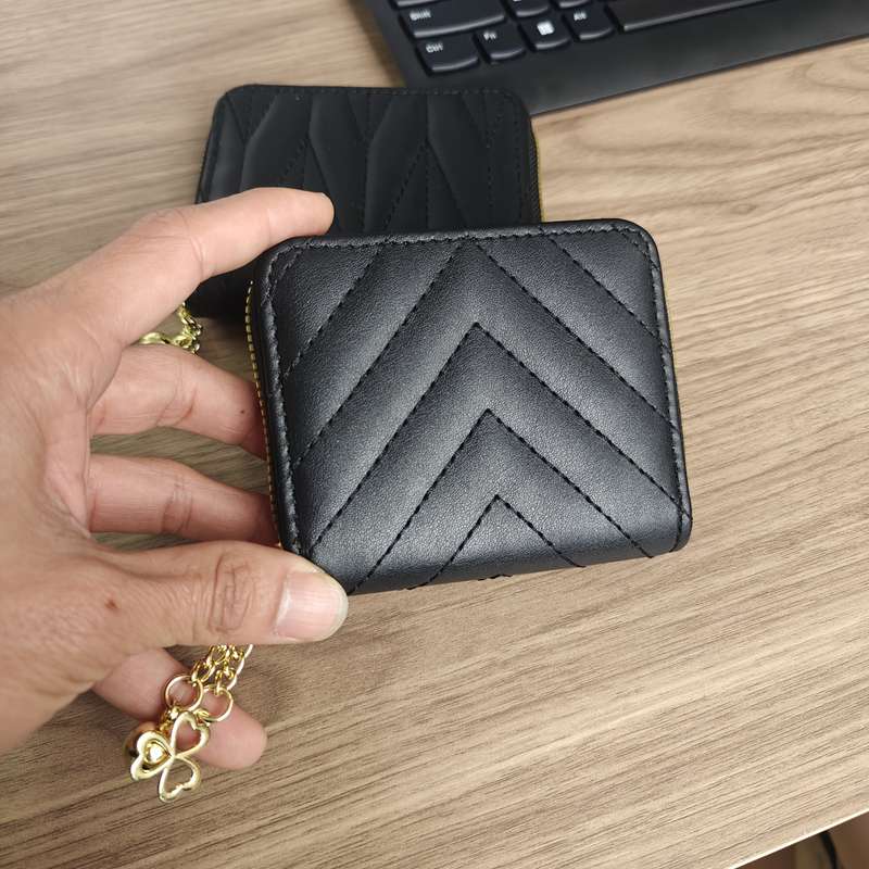 1pc Elegant Black Faux Leather Zipper Wallet with Golden Chain StrapSlim Design Perfect for Car