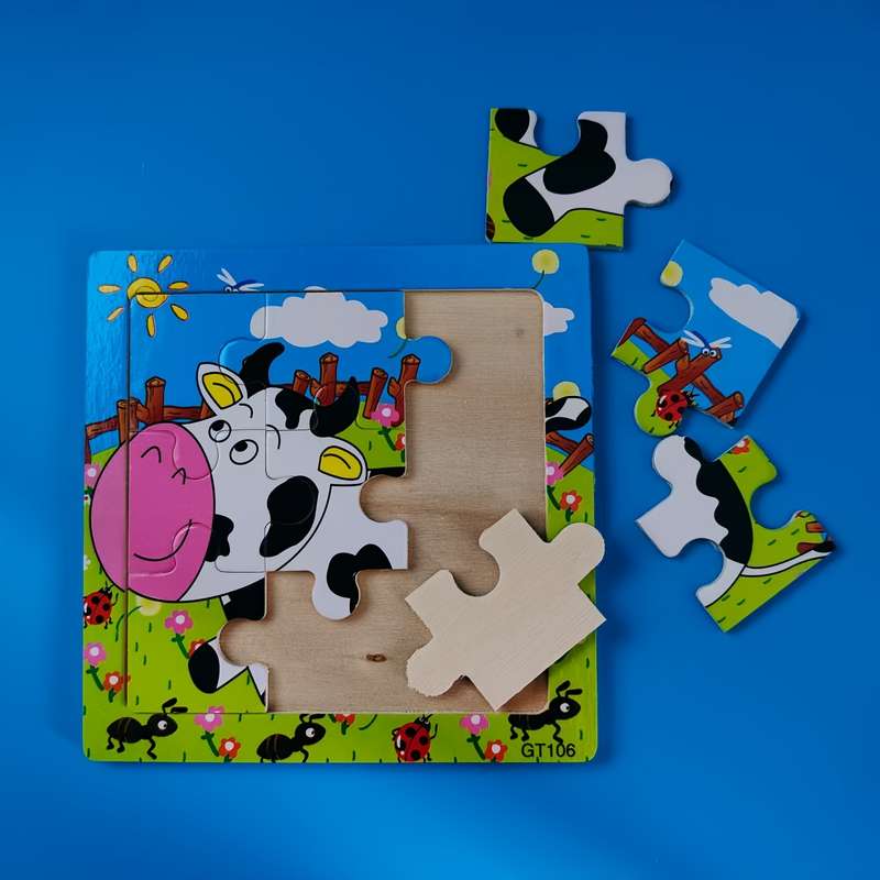 1pc 2D Wooden Puzzle Toy Happy Cow in Green Meadow Design Vibrant Animal Puzzle wi