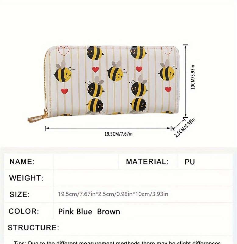 1pc Chic Bee Print Long Wallet for WomenFashionable Zippered Clutch with Multiple Card Slots La