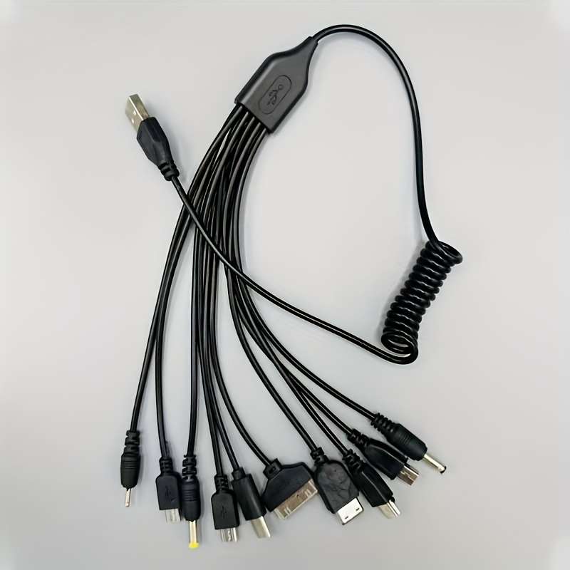 1pc 10in1 Multi-Device USB Charging Cable Hub Black PVC Flat Design with 10 Connectors for Si