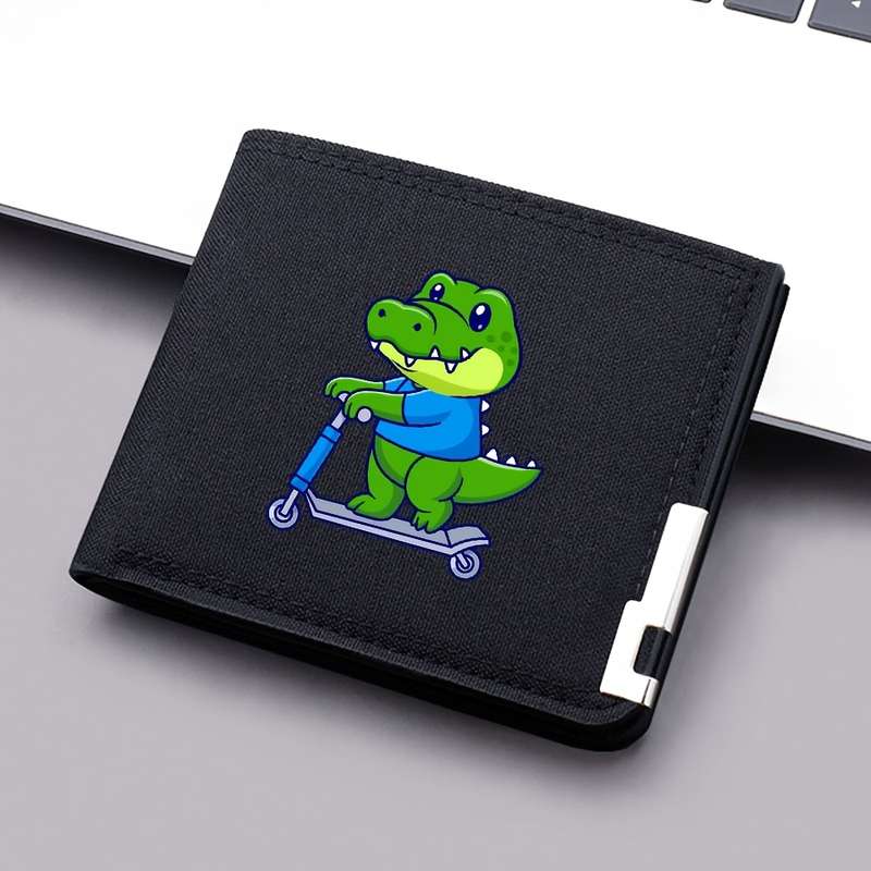 1pc Dinosaur Skateboard Design Canvas WalletCompact Lightweight Multi-Slot Bifold with Sn