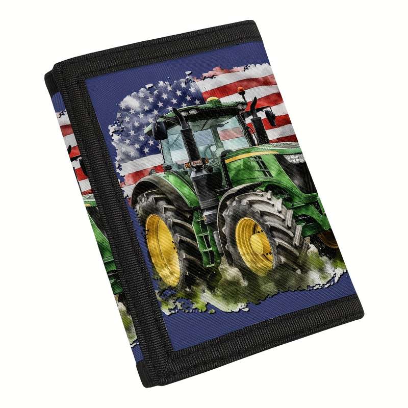 1pc Casual Style Trifold Polyester Wallet for Men American Flag Farm Tractor Design Outdoor