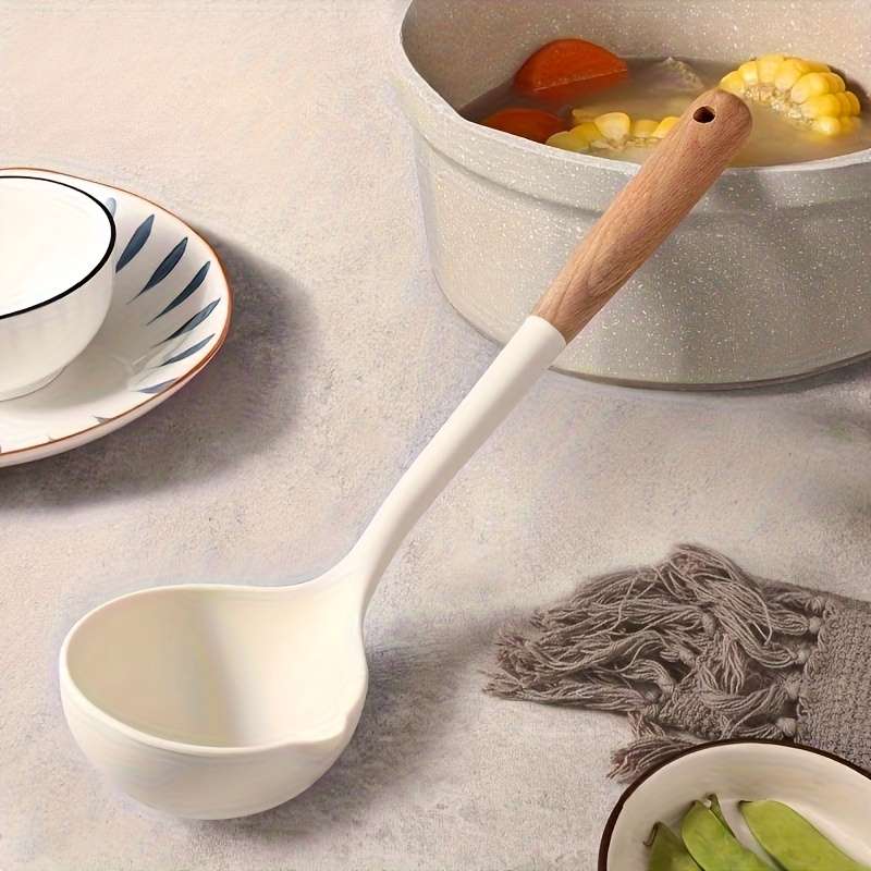 1pc Silicone Soup Spoon with Wooden Handle Large High-Temperature Resistant Ideal for Servi
