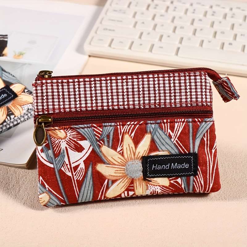 1pc Vintage Style Canvas Coin Purse for Women Handmade Multi-Layer Small Wallet Fashionable F