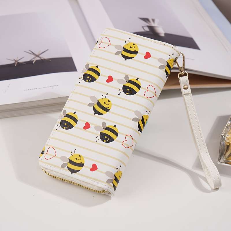 1pc Chic Bee Print Long Wallet for WomenFashionable Zippered Clutch with Multiple Card Slots La