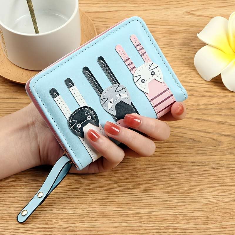 1pc Cute Cartoon Cat Design Synthetic Leather Wallet for Women Casual Style Bi-fold with Snap
