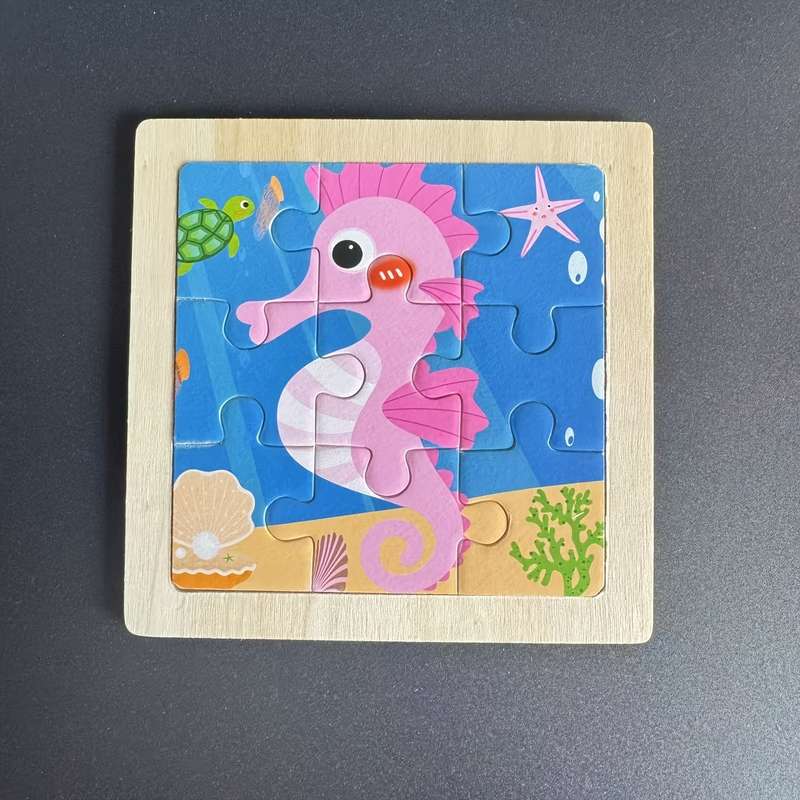 1pc Ocean-Themed Wooden Puzzle Board with Colorful Marine Life Pieces Educational T